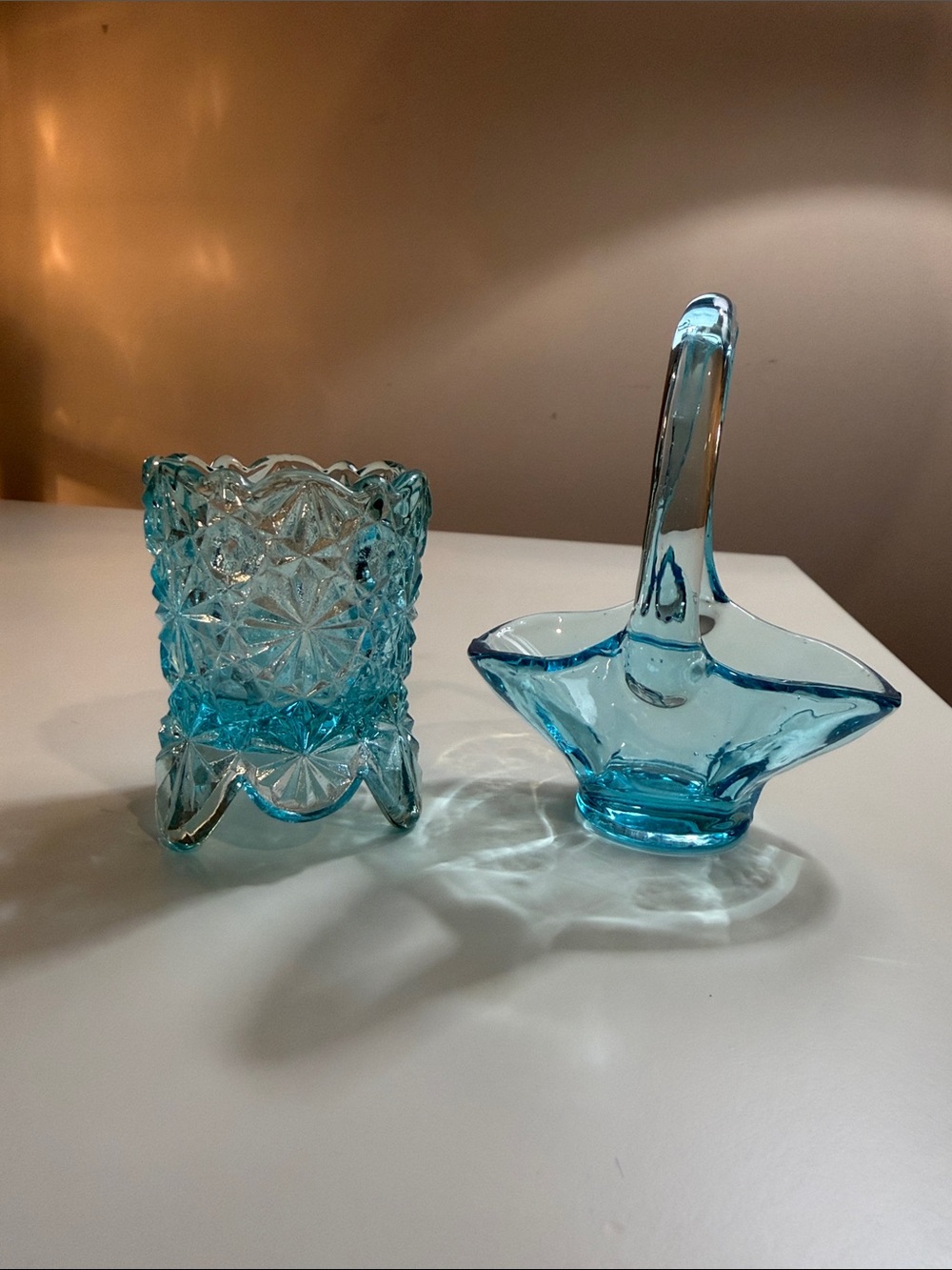 Aqua Blue Pressed Glass Toothpick Holder & Basket